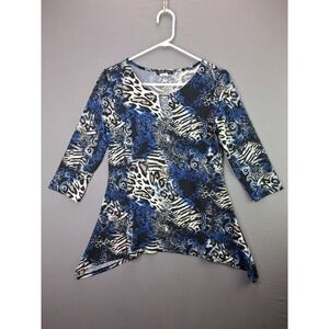 Mandy Evans Tunic Top Womens Medium Blue Animal Print Sharkbite Hem 3/4 Sleeve